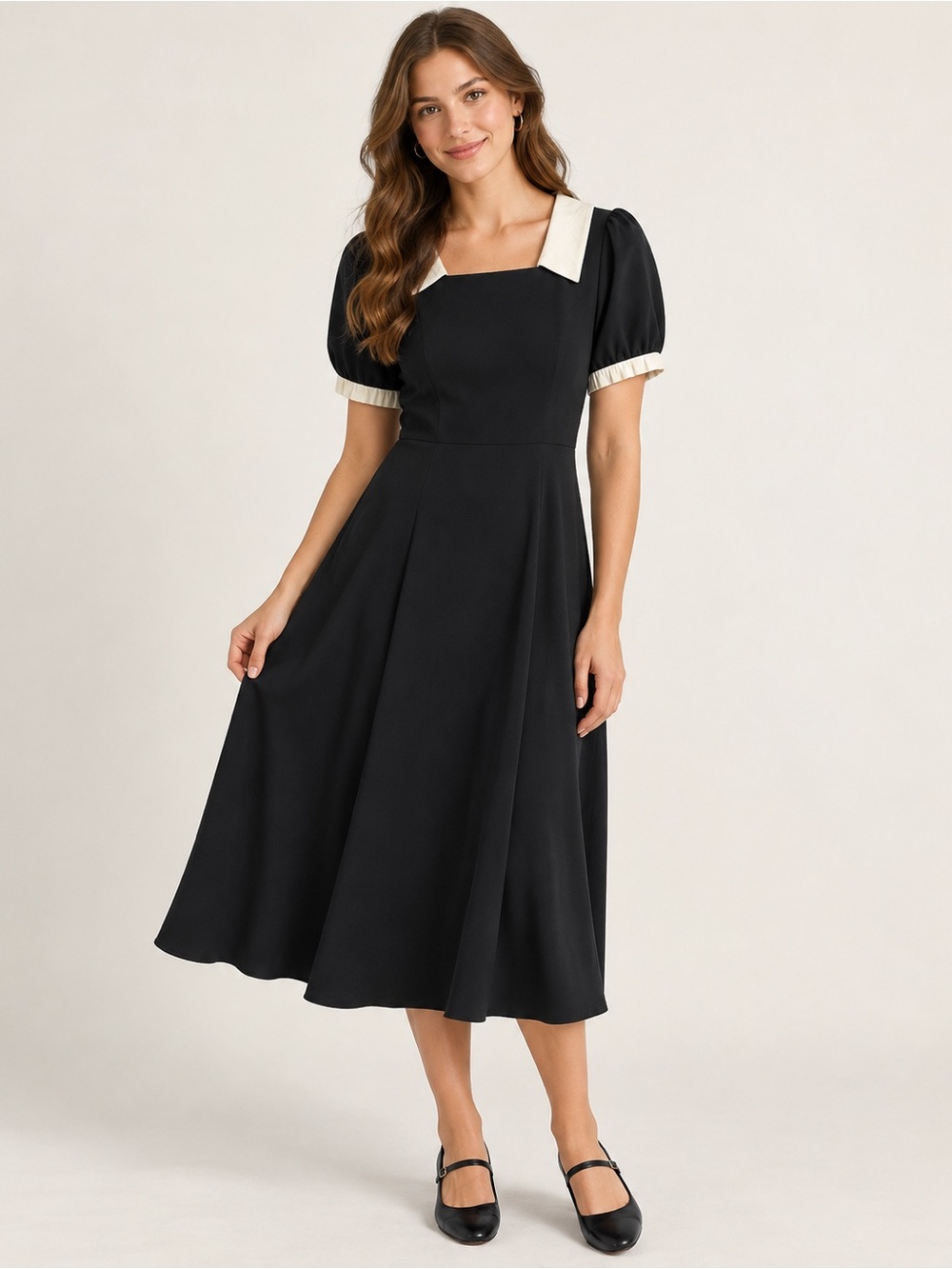 Yuxi Times Black Ivory Contrast Collar Puff Sleeve Midi Dress Size S